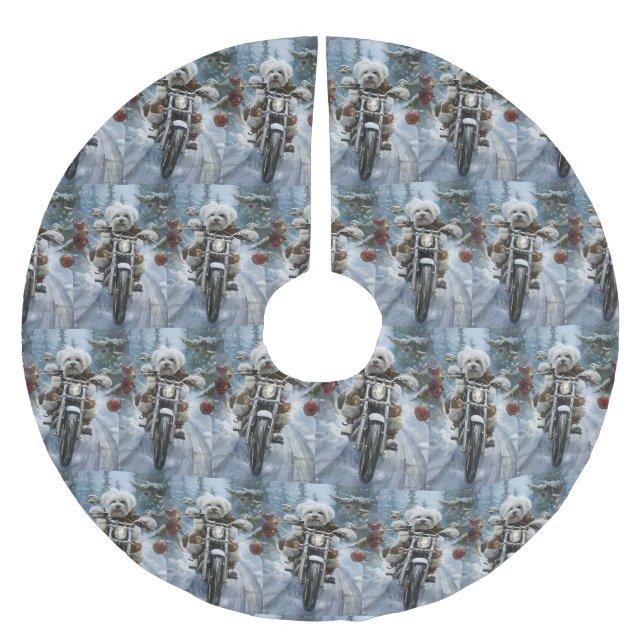 Coton De Tulear Dog Riding Motorrad Weihnachten Polyester Weihnachtsbaumdecke (Vorderseite)