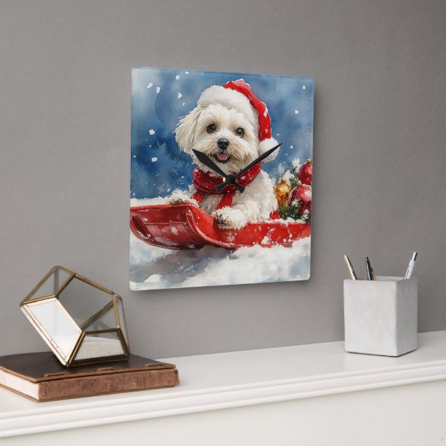 Coton De Tulear in Sledge Let it Snow Christmas Quadratische Wanduhr (Büro)