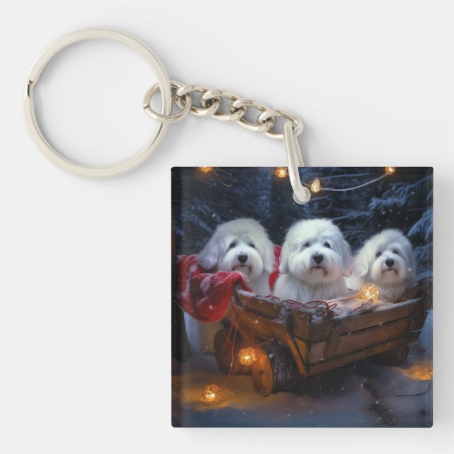 Coton De Tulear Snowy Sleigh Weihnachtsdekor Schlüsselanhänger (Vorderseite)