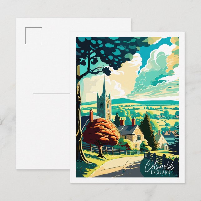 Cotswolds England Vintage Reise Illustration Postkarte (Vorne/Hinten)