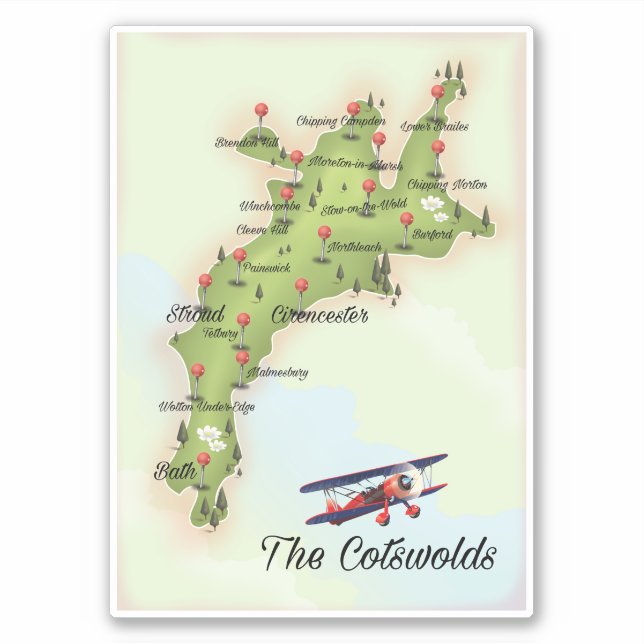 Cotswolds Vintage Karte Aufkleber (Vorderseite)