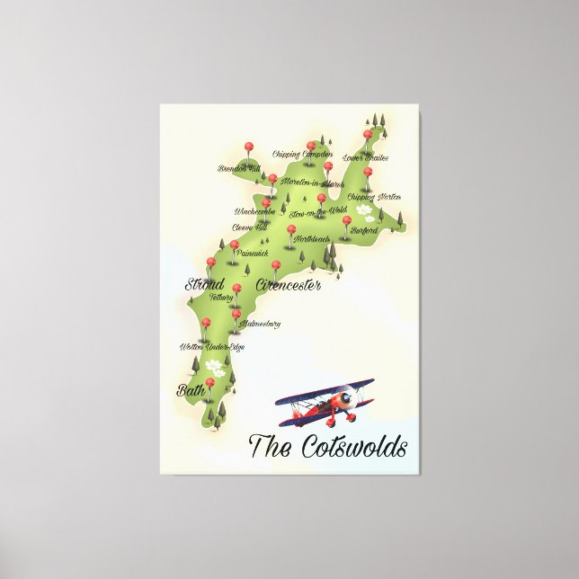 Cotswolds Vintage Karte Leinwanddruck (Vorderseite)