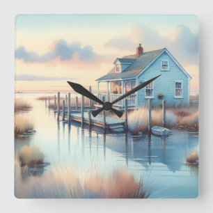 Cottage am Meer bei Sonnenaufgang Marsch Quadratische Wanduhr