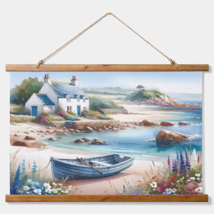 Cottage am Meer mit Ruderboot in Blütenpracht Wandteppich Mit Holzrahmen