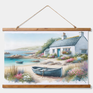 Cottage am Meer mit Ruderboot Wandteppich Mit Holzrahmen