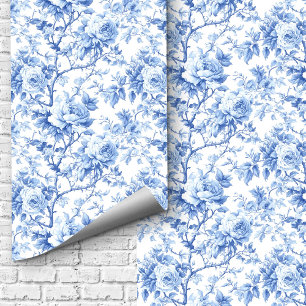 Cottage Blau Französische Toile-de-Jouy-Rosen Blum Tapete