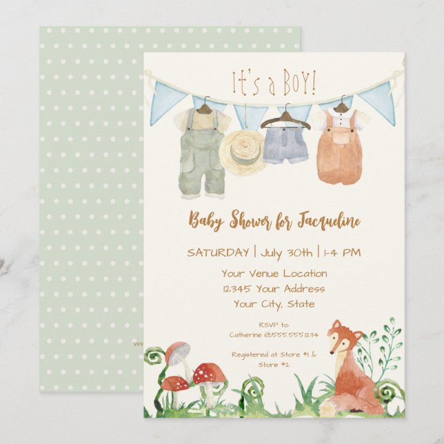Cottage Clothesline Fox Mushrooms Babydusche Einladung (Vorne/Hinten)