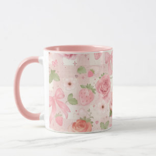 Cottage Core + Coquette Erdbeeren und Blumen Tasse