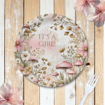 Cottage Core Mushrooms and Flowers | It's a Girl Pappteller<br><div class="desc">A pretty pink and gold cottage core flowers and mushrooms paper plate for a baby shower with text that says,  "it's a girl."</div>