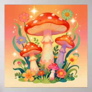 Cottage Core Pilze und Blumen Poster