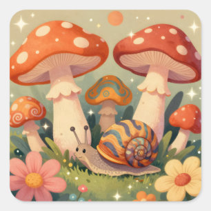 Cottage Core Schnecke und Pilze Quadratischer Aufkleber
