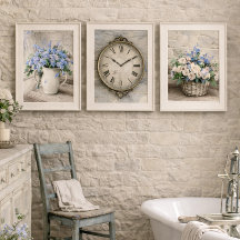 Cottage Floral Wall Art Set with Clock