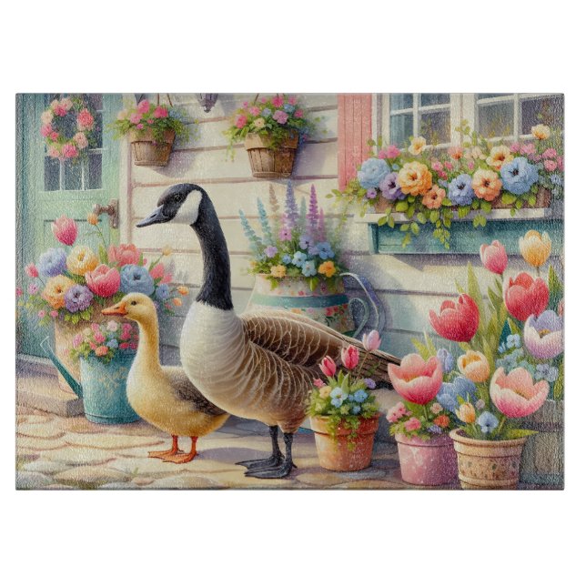 Cottage Garden Geese Spring Illustration Schneidebrett (Vorderseite)