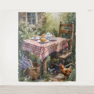 Cottage-Garten-Teemorgen-Wasserfarbe Wandteppich