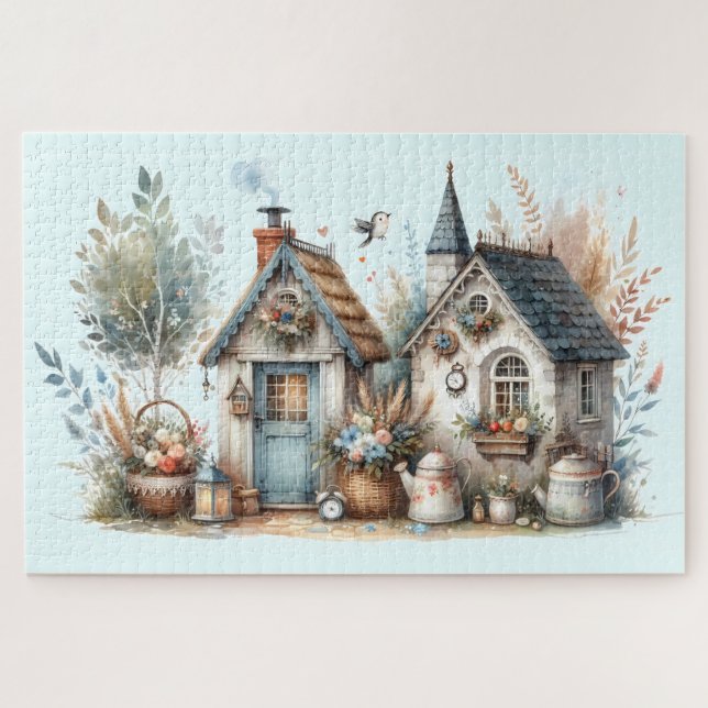 Cottage Haven Florale Häuser Illustration (Horizontal)