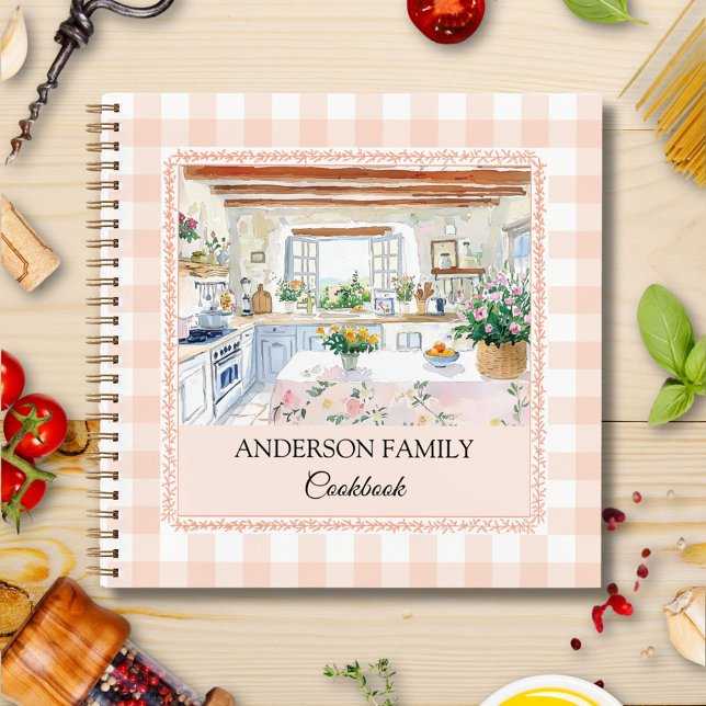 Cottage Kitchen Peach Gingham Family Recipe Notizbuch (In situ)