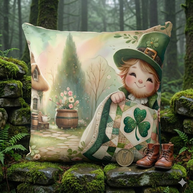 Cottage Leprechaun Patchwork Quilt Szene Kissen (Cottage Leprechaun Patchwork Quilt Scene Throw Pillow Mockup A)
