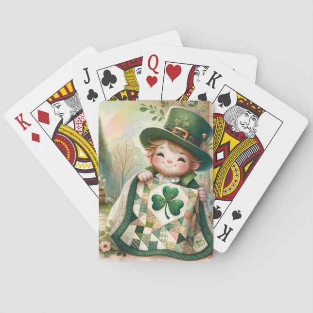 Cottage Leprechaun Patchwork Quilt Szene Spielkarten (Rückseite)