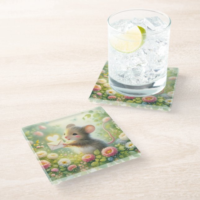 Cottage Mouse Love Letter Meadow Glasuntersetzer (Schrägansicht)