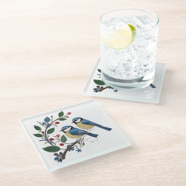 Cottage Quilling Effect Birds on a vine Glasuntersetzer (Schrägansicht)