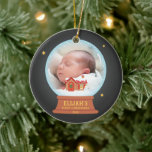 Cottage Snowman Snow Globe Babys 1st Christmas Keramik Ornament<br><div class="desc">An ornament with a cute snow globe that has a cottage house with chimney and red roof covered by the falling snow. On the front of the house is a snowman and letter post box. Personalize with your little one's photo and name for a special baby's first Christmas keepsake ornament....</div>