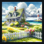 Cottage With View Of The Lighthouse Fotodruck<br><div class="desc">A dreamy coastal cottagecore landscape filled with soft watercolor charm and breezy seaside tranquility. A welcoming seaside cottage sits among lush garden paths, blooming flowers, and a bright white picket fence, creating a warm storybook atmosphere. In the distance, a tall lighthouse rises beside sparkling blue ocean waves, adding a classic...</div>