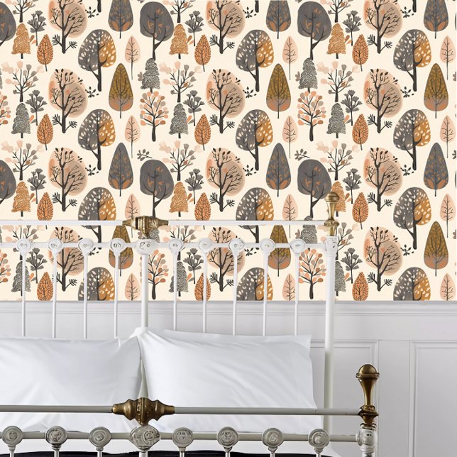 Cottagecore-Bäume Tapete (Cottagecore Trees Wallpaper behind a white metal framed bed.)
