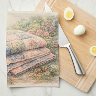 Cottagecore Blumen-Patchwork-Quilt Aquarell Geschirrtuch