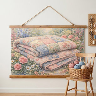 Cottagecore Blumen-Patchwork-Quilt Aquarell Wandteppich Mit Holzrahmen