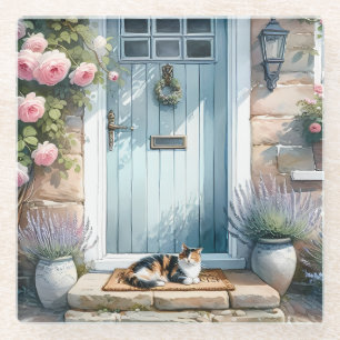 Cottagecore-Blumenveranda mit dreifarbiger Katze Glasuntersetzer