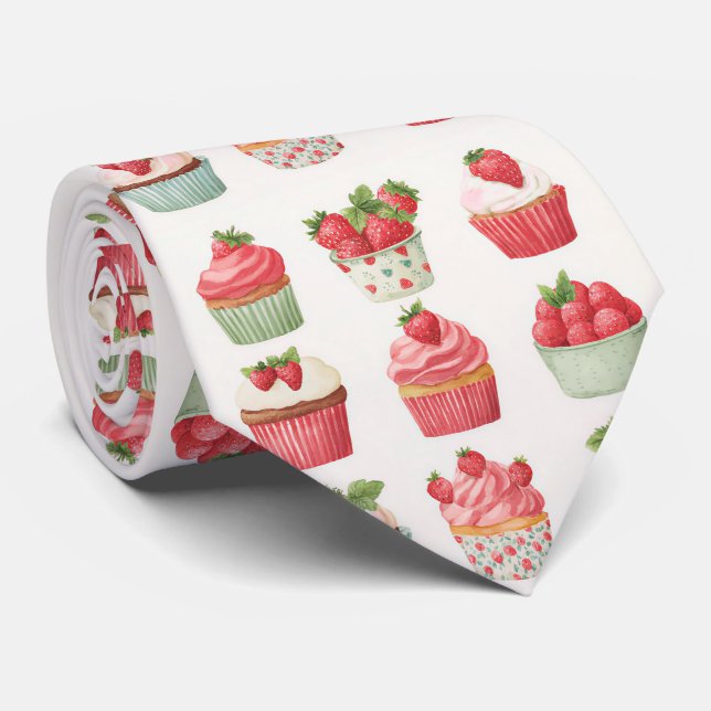 Cottagecore-Erdbeer-Cupcake-Krawatte Krawatte (Gerollt)