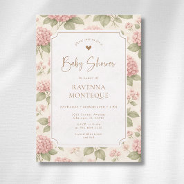 Cottagecore Florale Rosa Hydrangea Gold Babyparty- Einladung