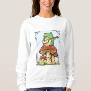 Cottagecore frog with mushroom house playing banjo sweatshirt