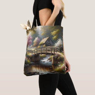 Cottagecore Frühjahrs-Brücke Cottage Szene Tasche