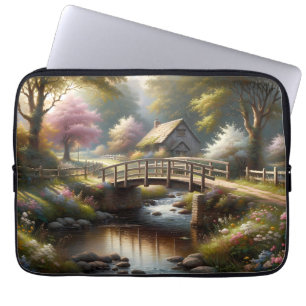 Cottagecore-Frühlingsbrücke Cottage-Szene Laptopschutzhülle