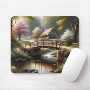 Cottagecore Frühlingsbrücke Cottage Szene Mousepad