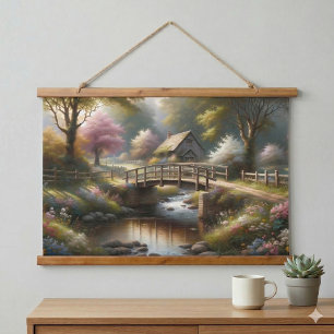 Cottagecore-Frühlingsbrücke Cottage-Szene Wandteppich Mit Holzrahmen