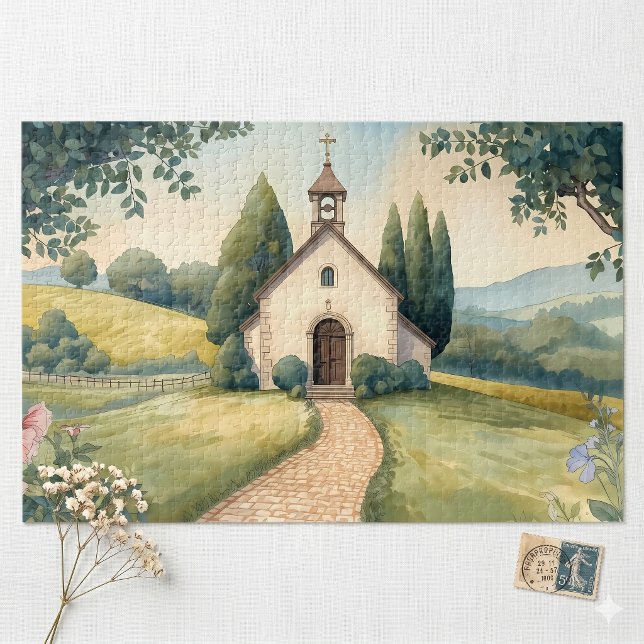 Cottagecore-Kapellenweg-Pastell-Landschaft (Cottagecore Chapel Path Pastel Landscape Jigsaw Puzzle)