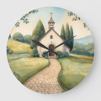 Cottagecore-Kapellenweg-Pastell-Landschaft Große Wanduhr