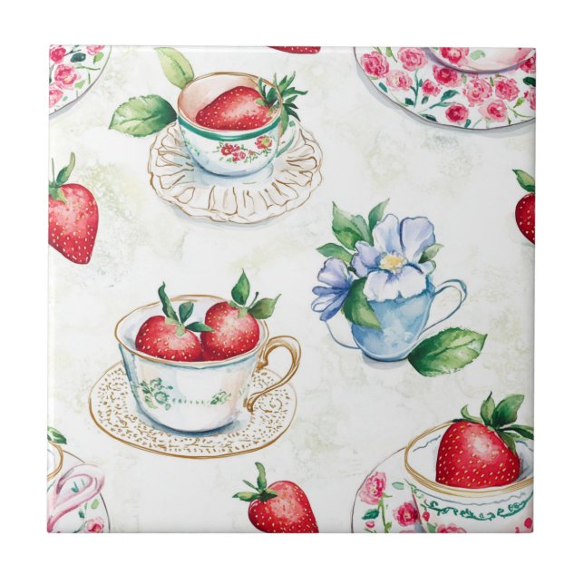 Cottagecore Strawberry Pattern  Fliese (Vorderseite)