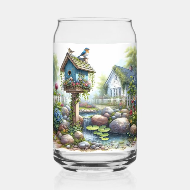 Cottagecore-Vogelhaus-Garten-Aquarell Dosenglas (Vorderseite)