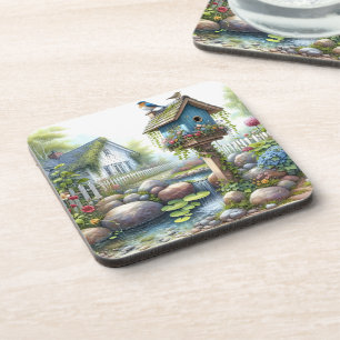 Cottagecore-Vogelhaus-Garten-Aquarell Getränkeuntersetzer