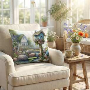 Cottagecore-Vogelhaus-Garten-Aquarell Kissen