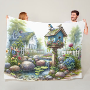 Cottagecore-Vogelhaus-Garten-Wasserfarbe Fleecedecke