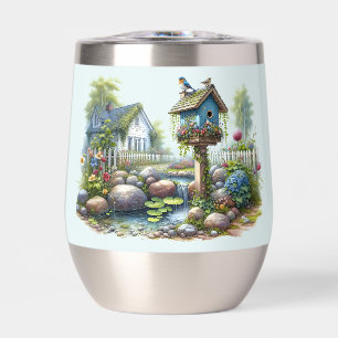 Cottagecore-Vogelhäuschen-Garten-Wasserfarbe