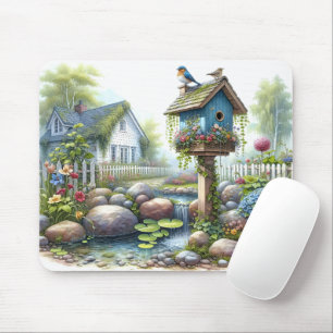 Cottagecore-Vogelhäuschen-Garten-Wasserfarbe Mousepad