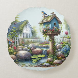 Cottagecore-Vogelhäuschen-Garten-Wasserfarbe Rundes Kissen