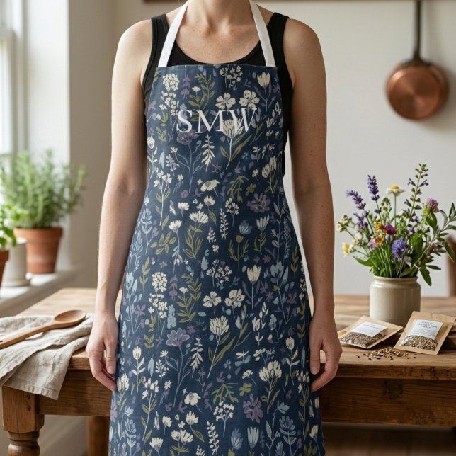 Cottagecore Wildflower – Personalized Monogram Schürze (Blue floral monogram apron)