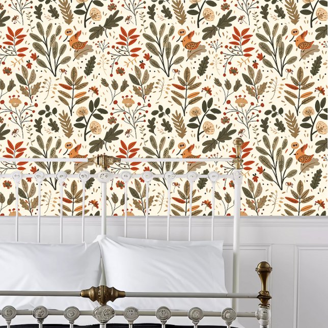 Cottages Whimsical Floral Tapete (Cottagecore Whimsical Floral Wallpaper behind a white metal bed frame. )