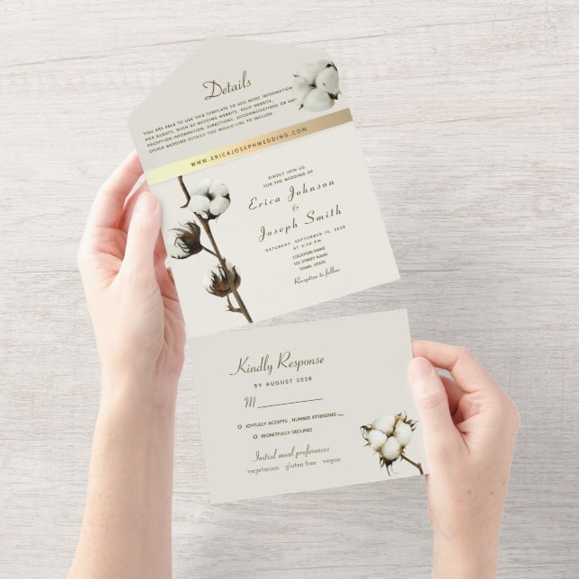 Cotton-Blume-Hochzeit All In One Einladung (Abreißen)